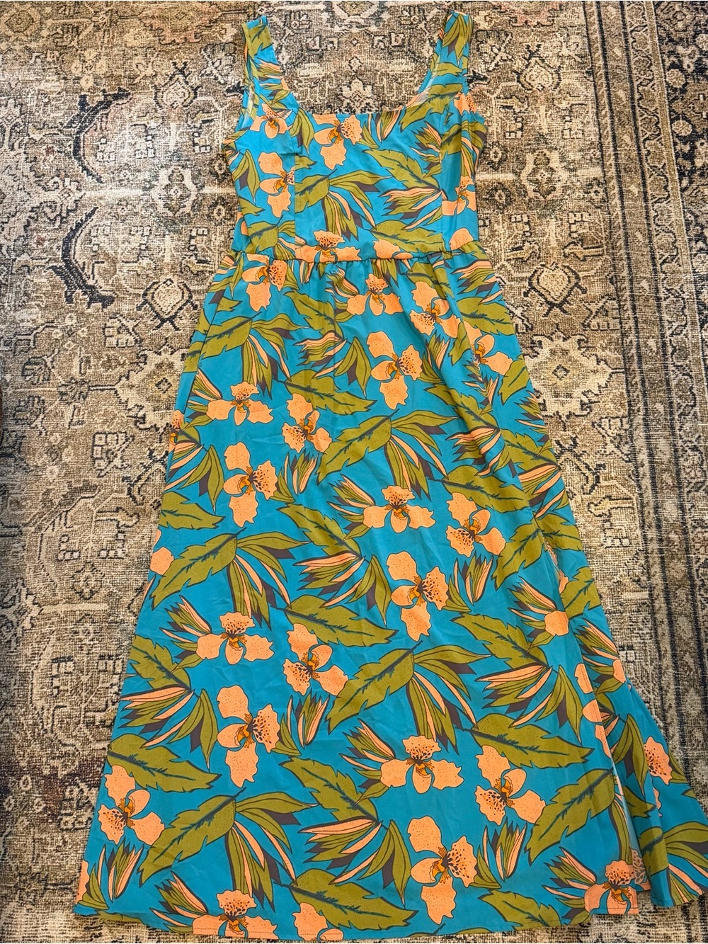 Toad&Co Turquoise Maxi Dress with Orange Floral Print